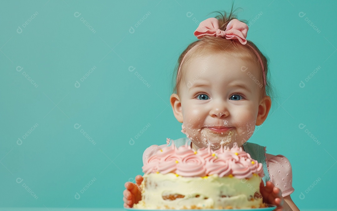 Menina com bolo mostrando sobremesa em cor sólida