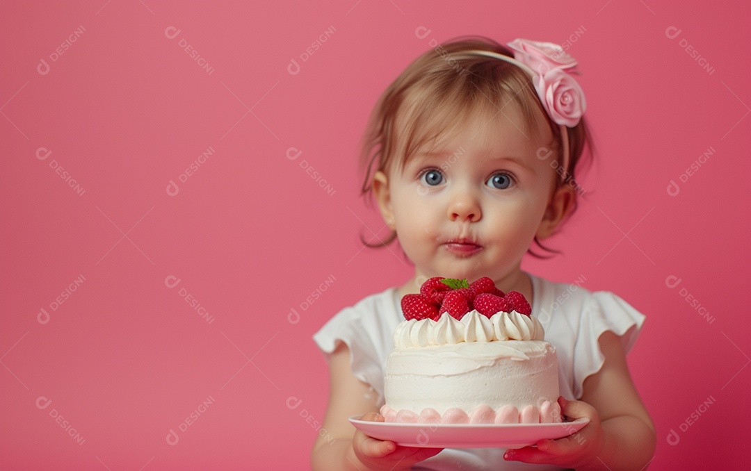 Menina com bolo mostrando sobremesa em cor sólida