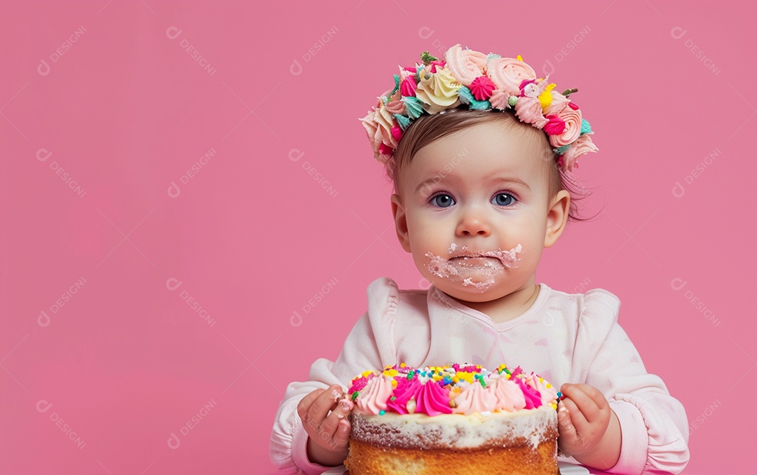 Menina com bolo mostrando sobremesa em cor sólida