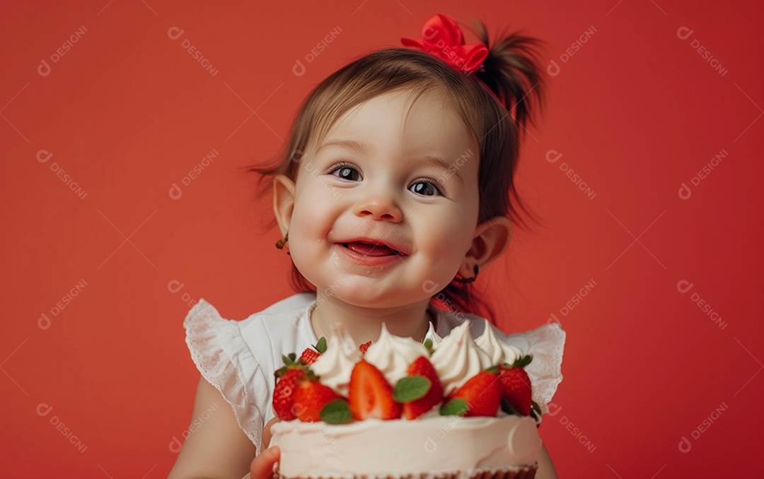 Menina com bolo mostrando sobremesa em cor sólida