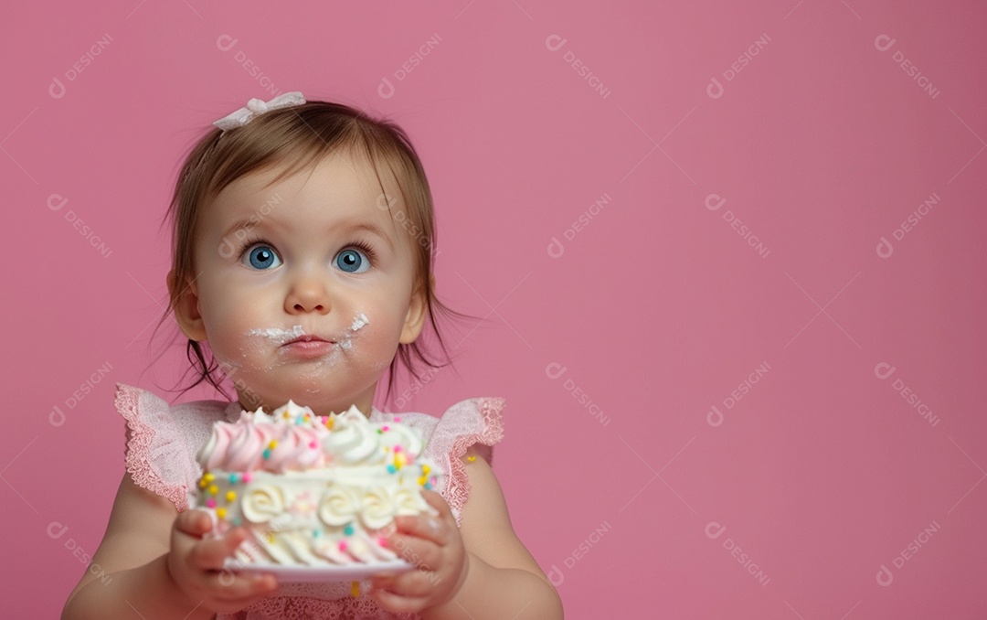 Menina com bolo mostrando sobremesa em cor sólida