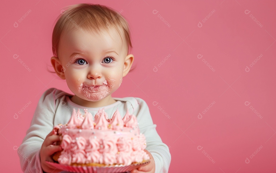 Menina com bolo mostrando sobremesa em cor sólida