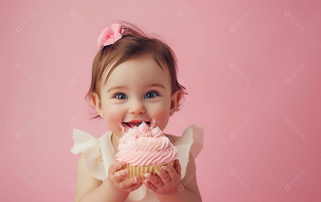 Menina com bolo mostrando sobremesa em cor sólida