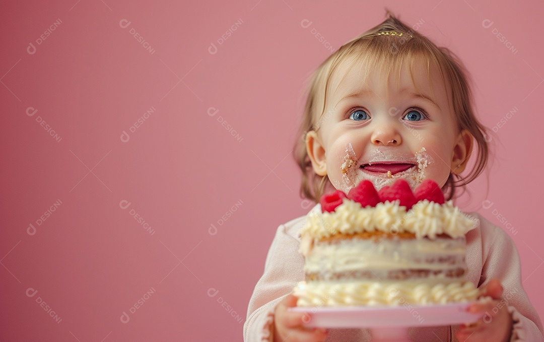 Menina com bolo mostrando sobremesa em cor sólida