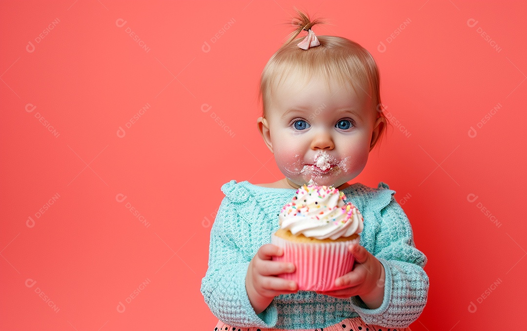 Menina com bolo mostrando sobremesa em cor sólida