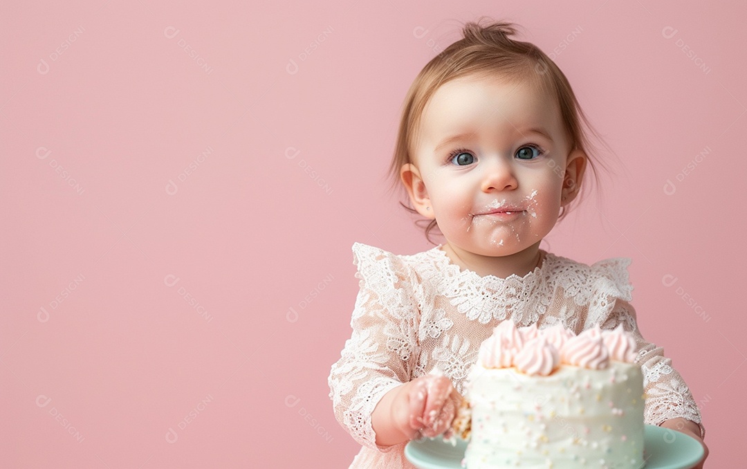 Menina com bolo mostrando sobremesa em cor sólida