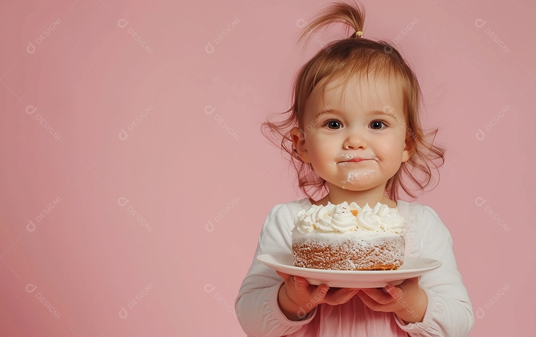 Menina com bolo mostrando sobremesa em cor sólida