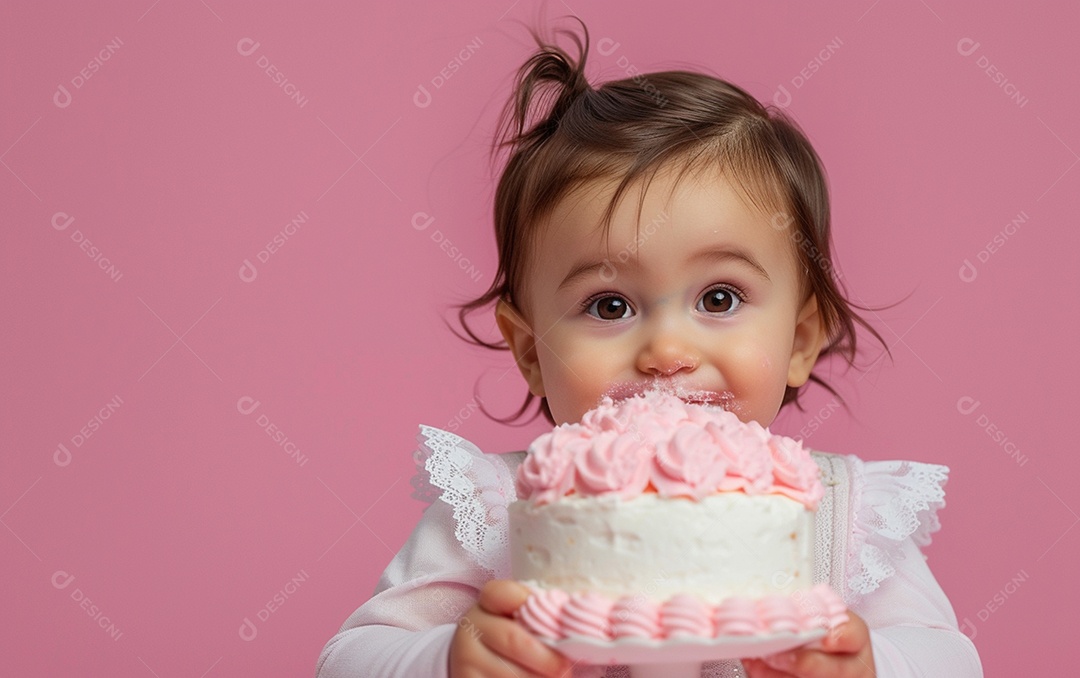 Menina com bolo mostrando sobremesa em cor sólida