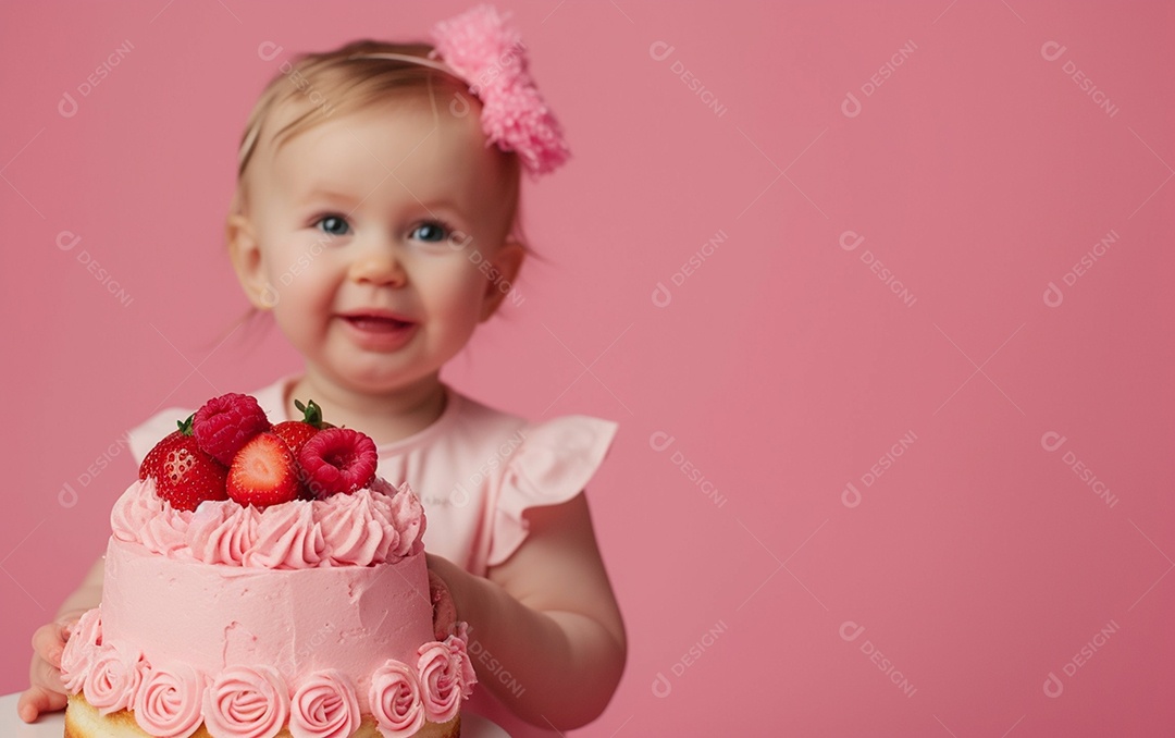 Menina com bolo mostrando sobremesa em cor sólida