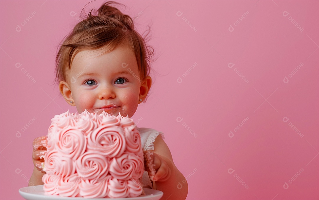 Menina com bolo mostrando sobremesa em cor sólida