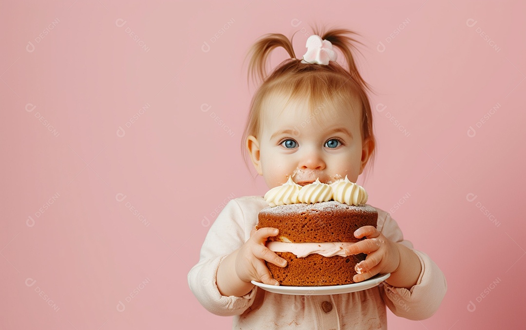 Menino com bolo mostrando sobremesa em fundo de cor sólida