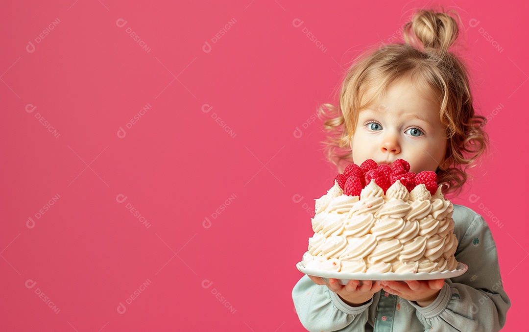 Menina com bolo mostrando sobremesa em cor sólida