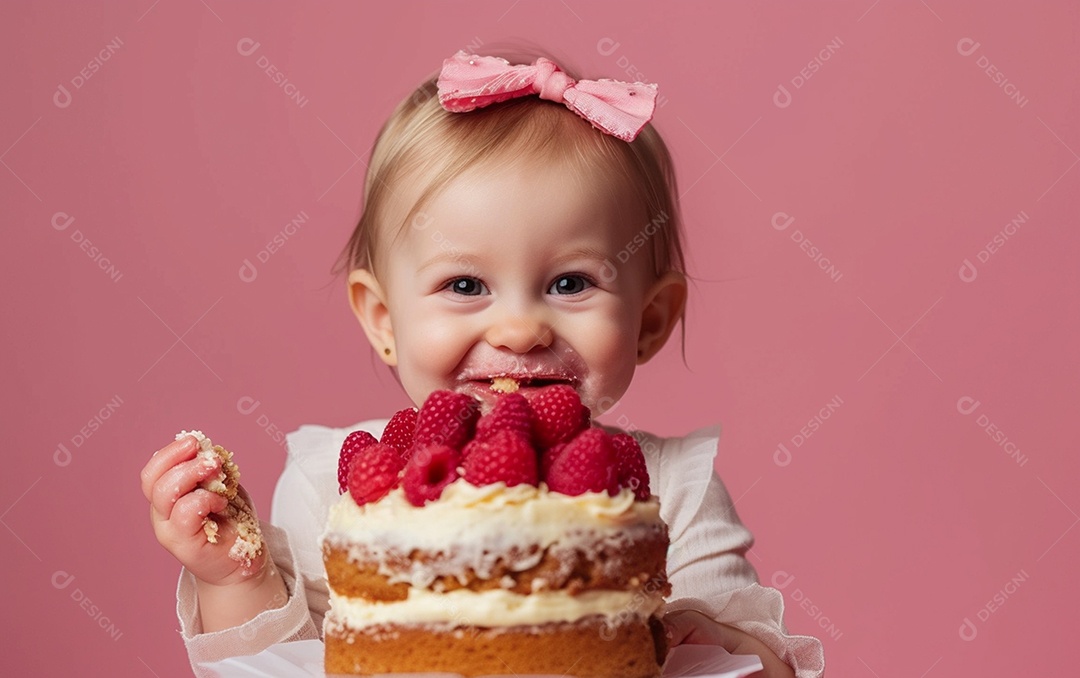 Menina com bolo mostrando sobremesa em cor sólida