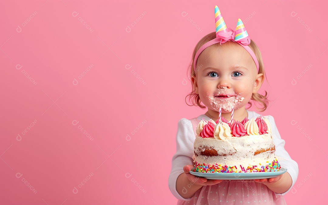 Menino com bolo mostrando sobremesa em fundo de cor sólida