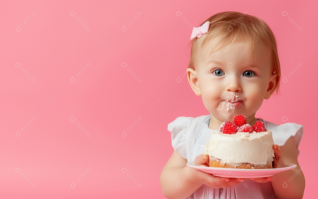 Menina com bolo mostrando sobremesa em cor sólida