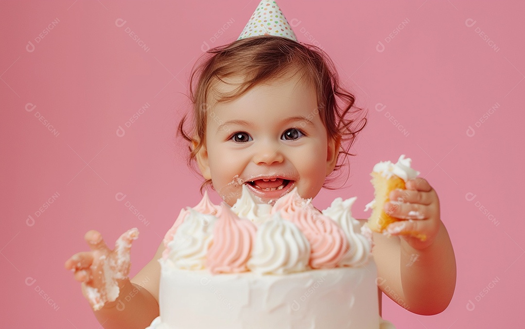 Menina com bolo mostrando sobremesa em cor sólida