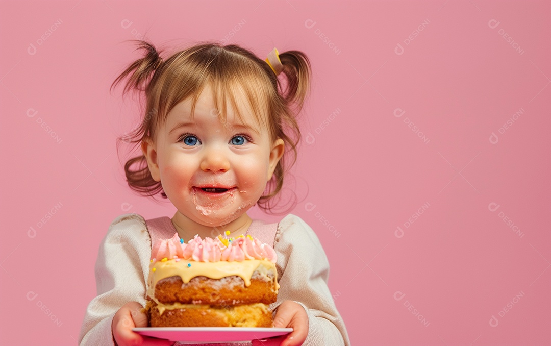 Menina com bolo mostrando sobremesa em cor sólida