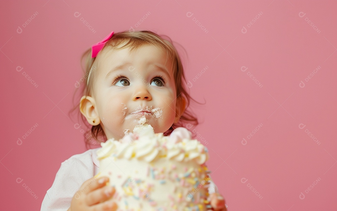 Menina com bolo mostrando sobremesa em cor sólida