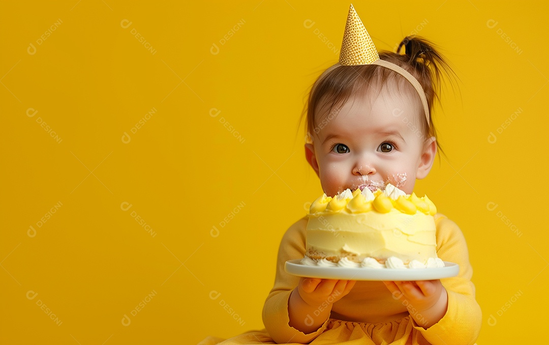Menina com bolo mostrando sobremesa em cor sólida