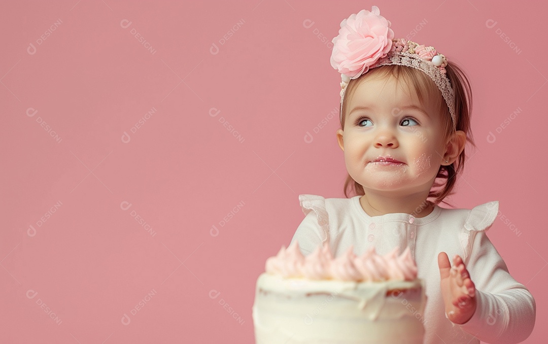 Menina com bolo mostrando sobremesa em cor sólida