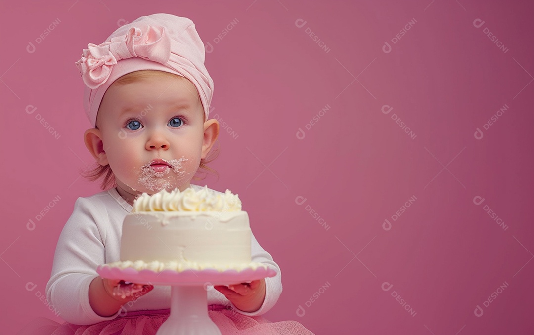 Menina com bolo mostrando sobremesa em cor sólida