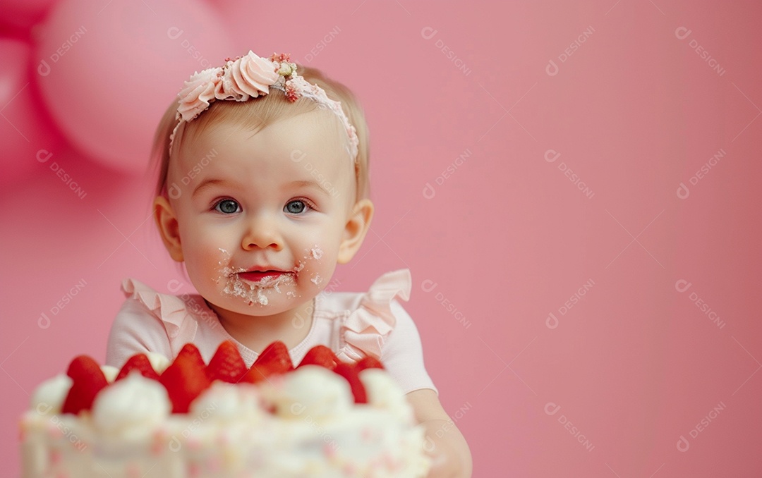 Menina com bolo mostrando sobremesa em cor sólida