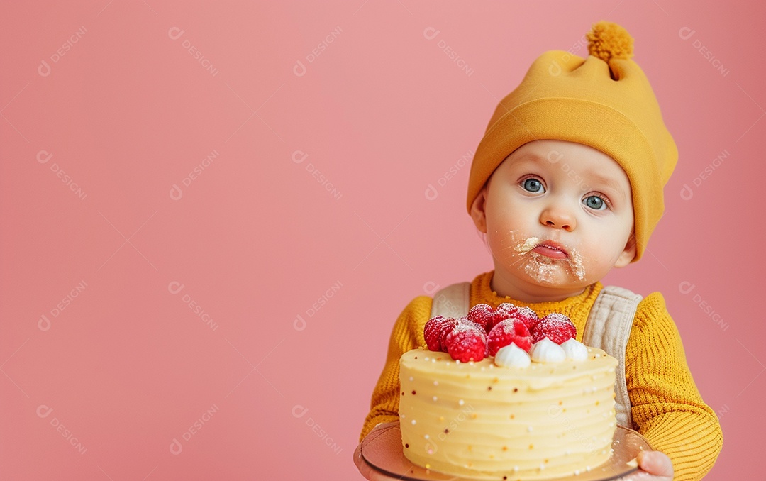 Menina com bolo mostrando sobremesa em cor sólida