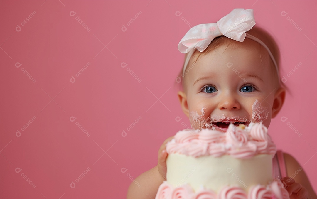 Menina com bolo mostrando sobremesa em cor sólida