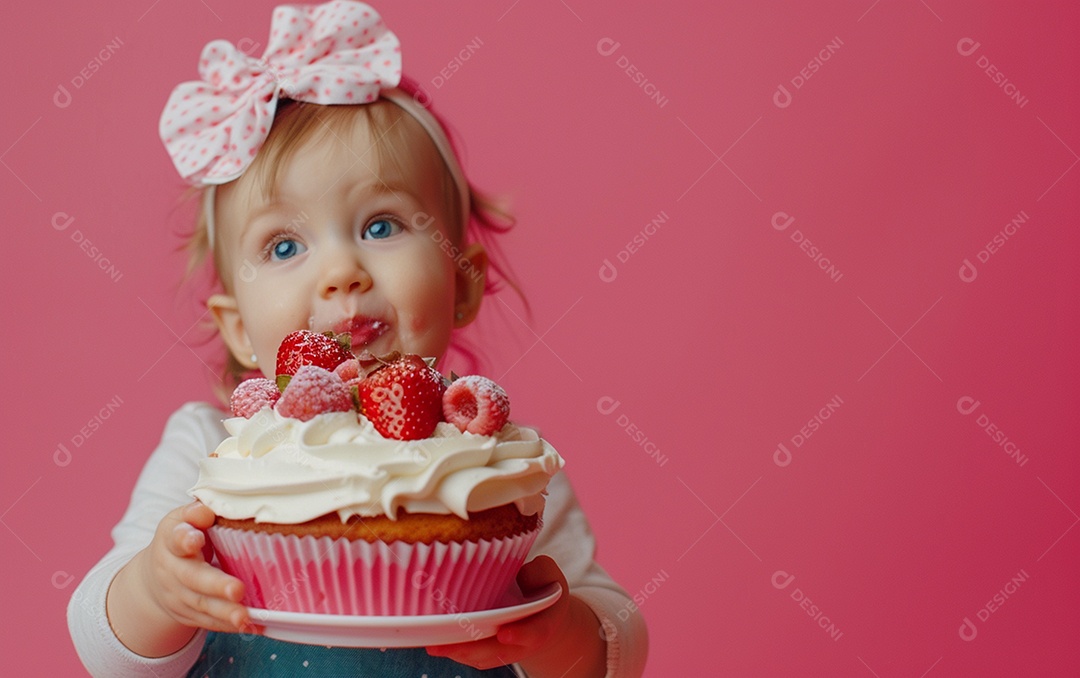 Menina com bolo mostrando sobremesa em cor sólida