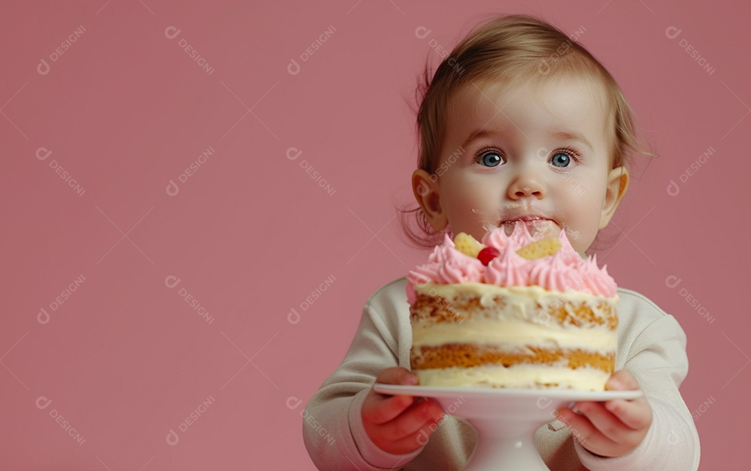 Menina com bolo mostrando sobremesa em cor sólida