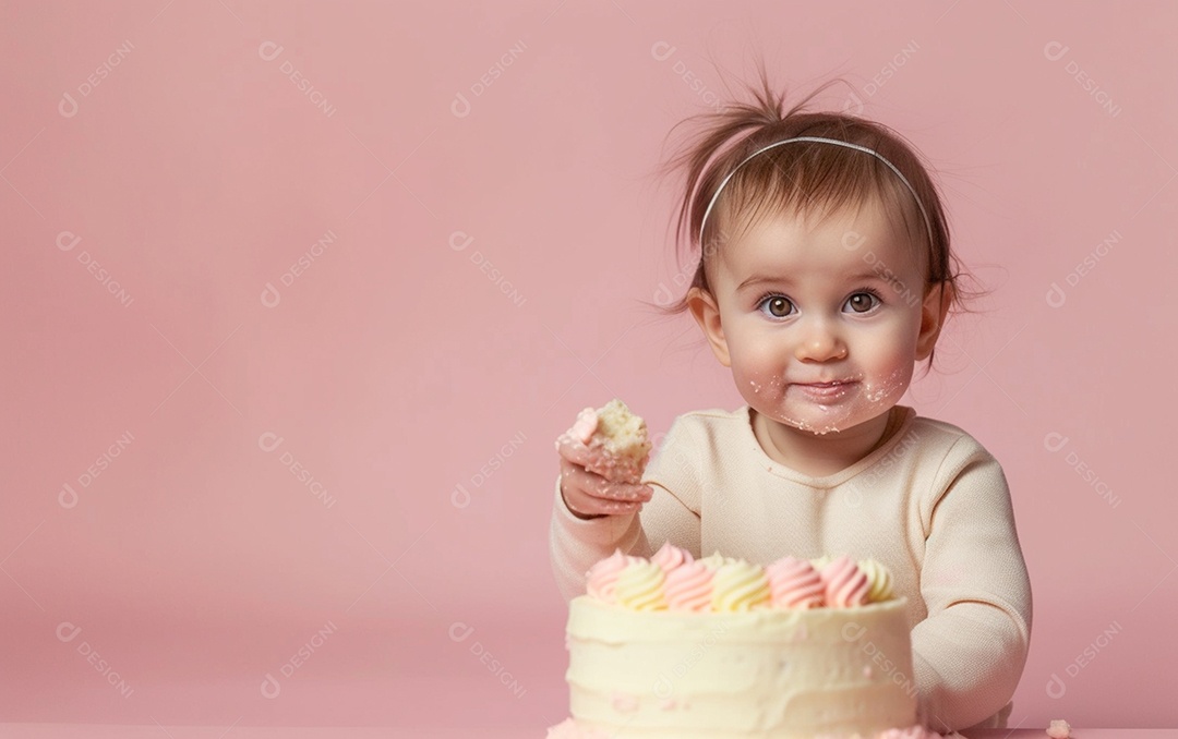 Menina com bolo mostrando sobremesa em cor sólida