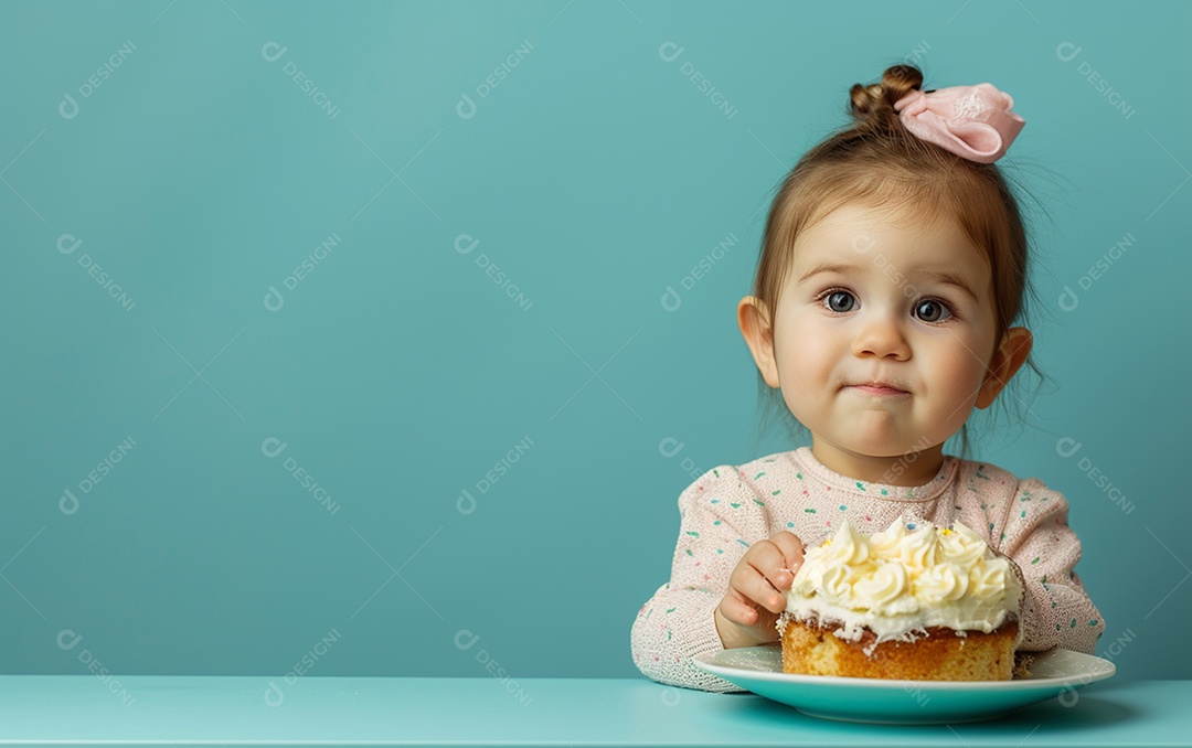 Menina com bolo mostrando sobremesa em cor sólida