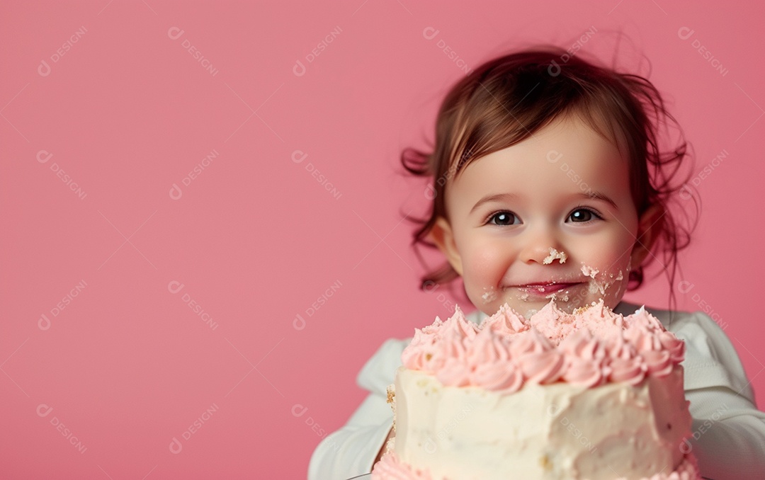 Menina com bolo mostrando sobremesa em cor sólida
