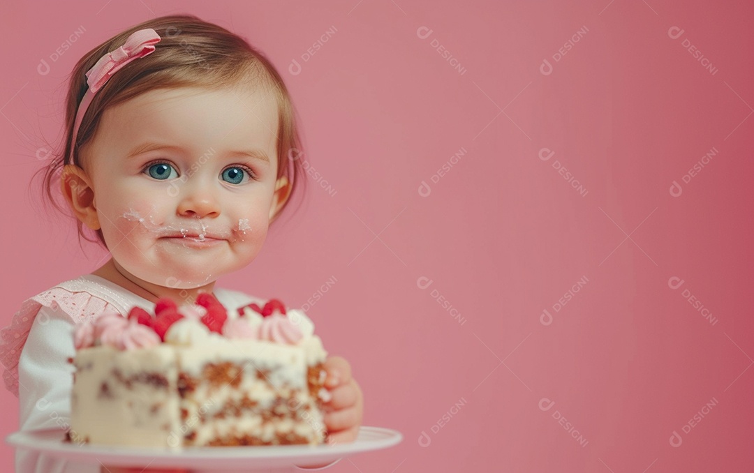 Menina com bolo mostrando sobremesa em cor sólida