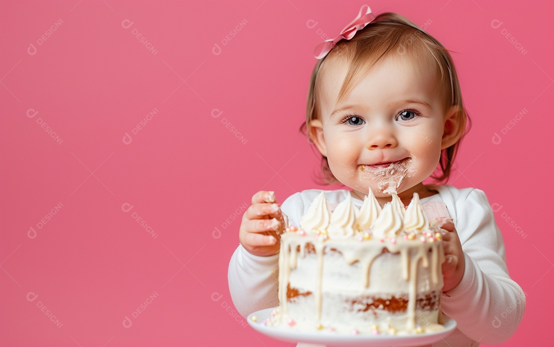 Menina com bolo mostrando sobremesa em cor sólida