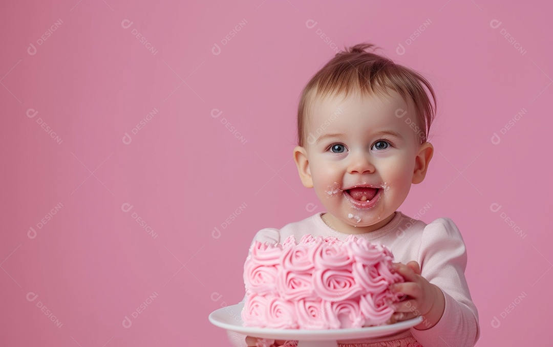 Menina com bolo mostrando sobremesa em cor sólida