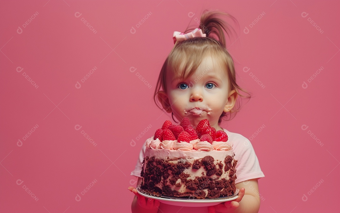 Menina com bolo mostrando sobremesa em cor sólida