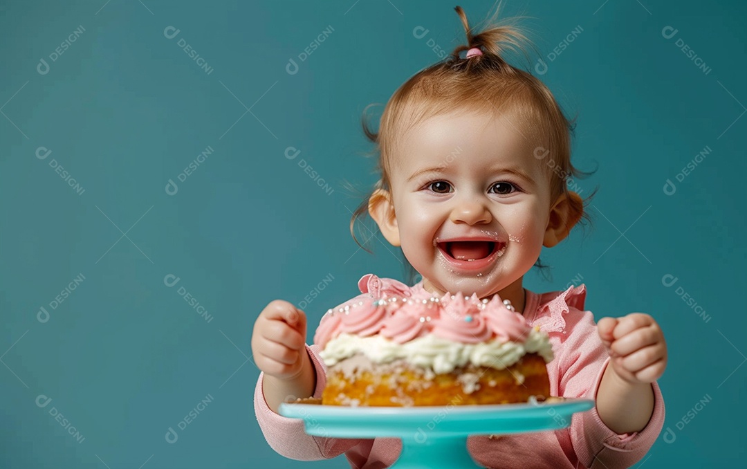 Menina com bolo mostrando sobremesa em cor sólida