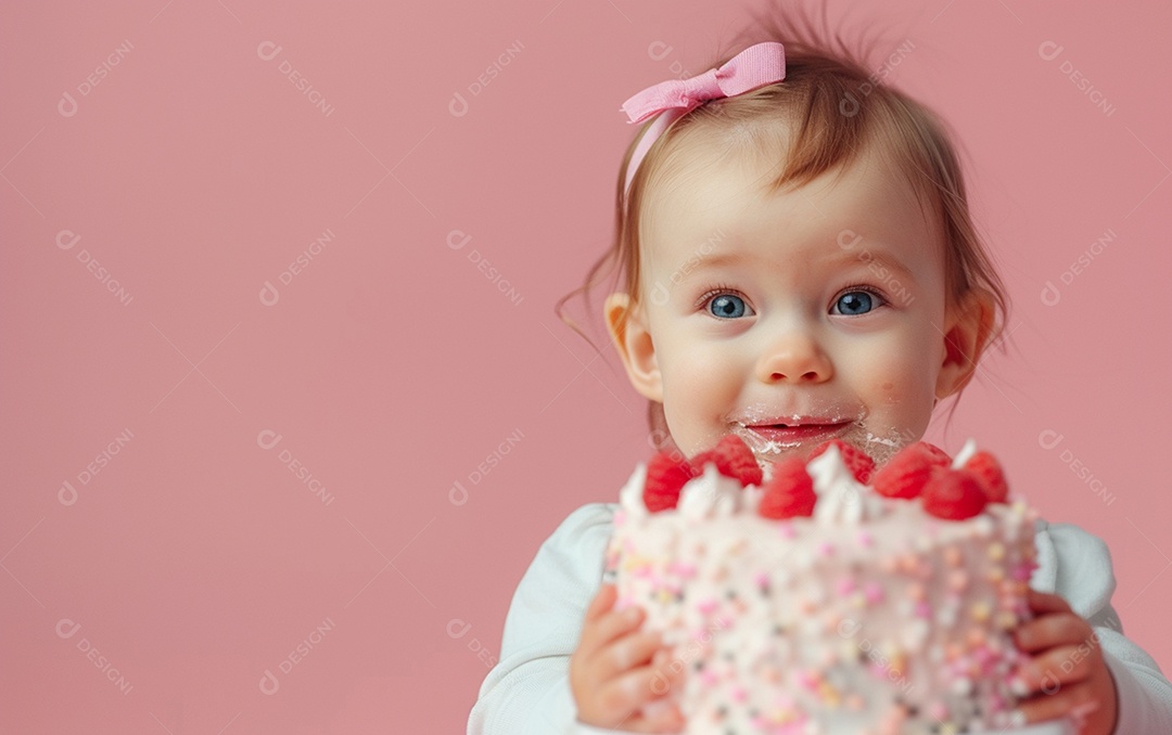 Menina com bolo mostrando sobremesa em cor sólida