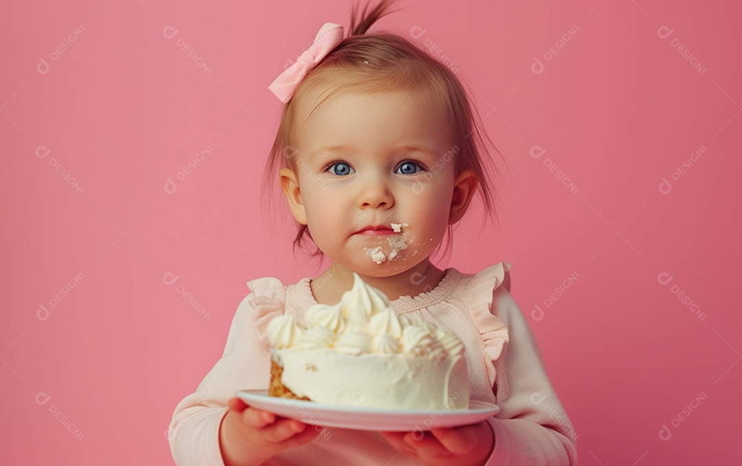 Menina com bolo mostrando sobremesa em cor sólida