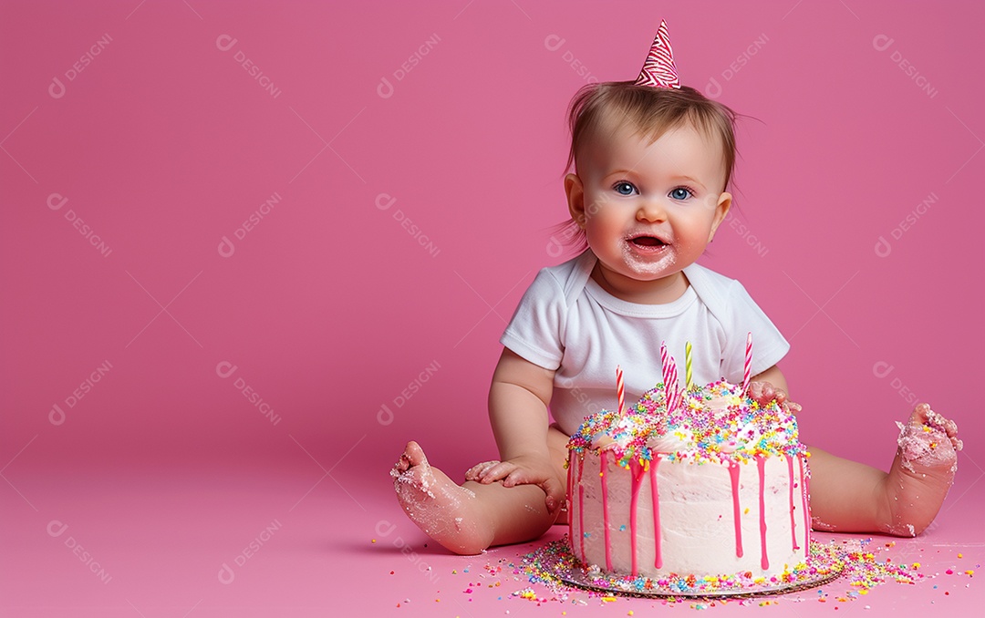 Menina com bolo mostrando sobremesa em cor sólida