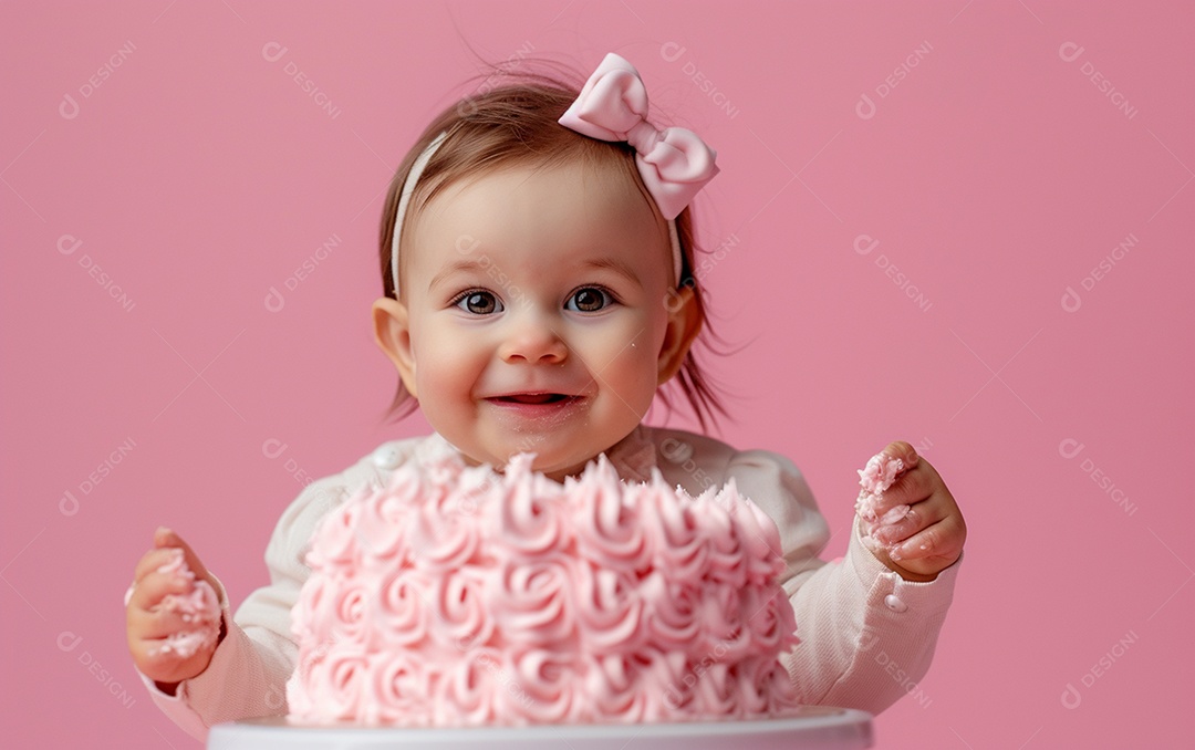 Menina com bolo mostrando sobremesa em cor sólida