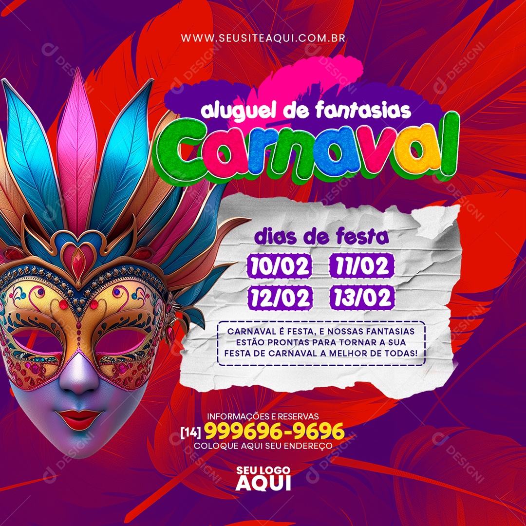 Carnaval aluguel de fantasias dias de festa Social Media PSD Editável