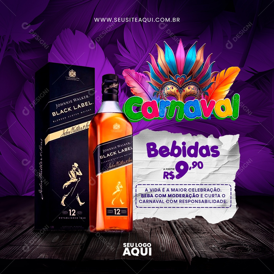 Carnaval Bebidas Whisky Black Label Beba com Moderação Social Media PSD Editável