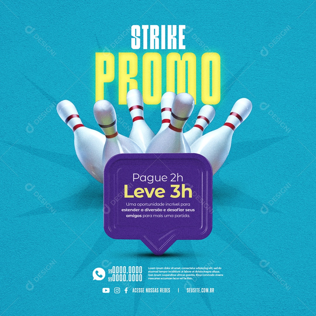 Boliche Strike Promo Pague 2h Leve 3h Social Media PSD Editável