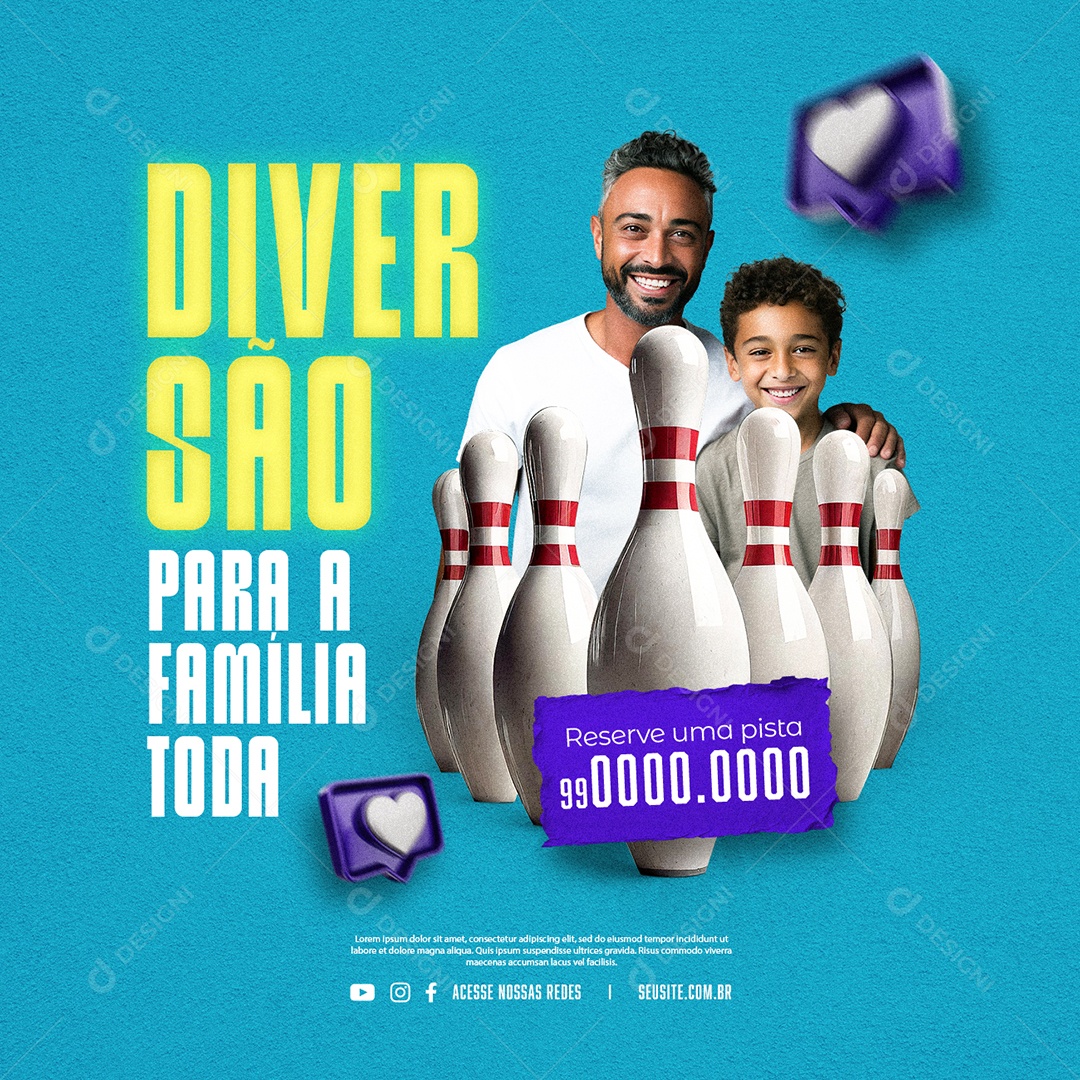 Boliche Diversão para a Família Toda Reserve uma pista Social Media PSD Editável