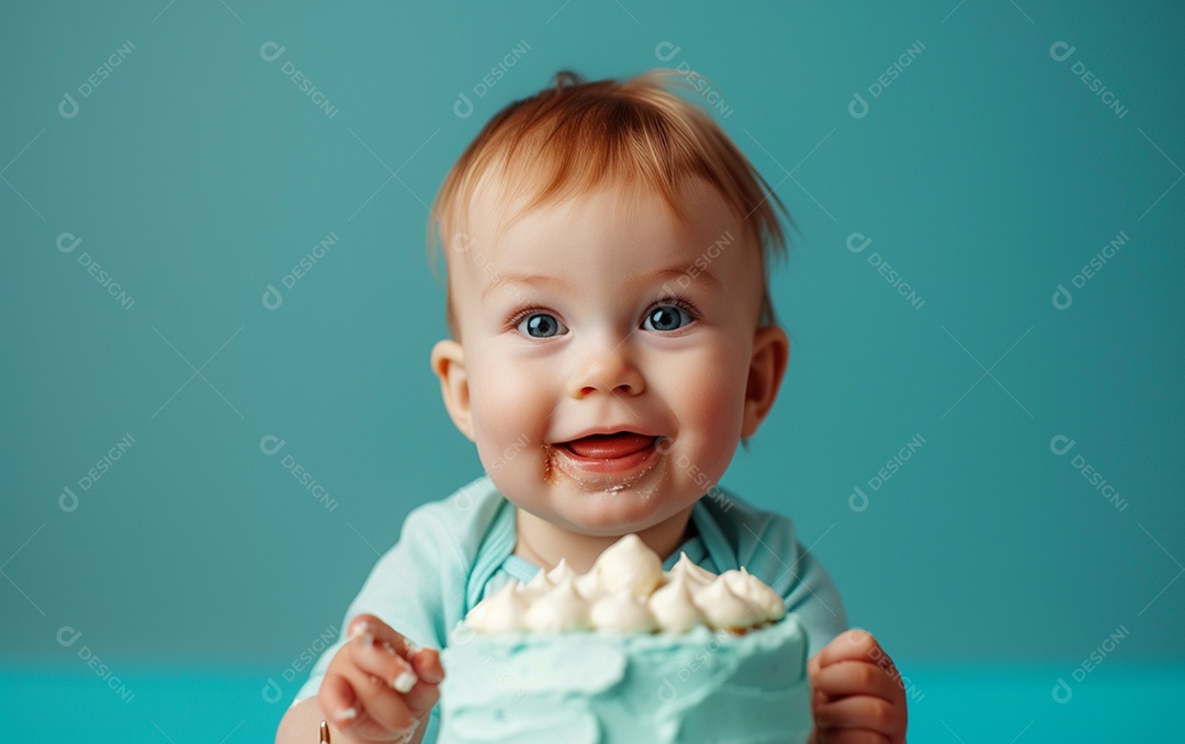 Lindo menino sorridente segurando uma criança de bolo de aniversário