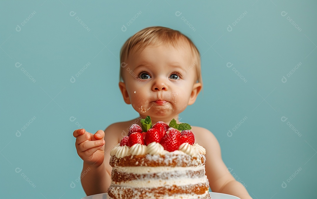 Lindo menino sorridente segurando uma criança de bolo de aniversário