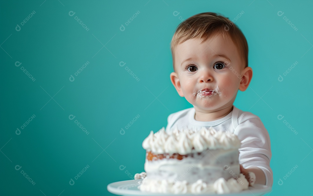 Menino com bolo mostrando sobremesa em fundo de cor sólida