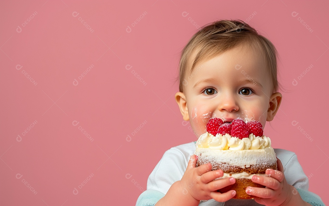 Lindo menino sorridente segurando uma criança de bolo de aniversário